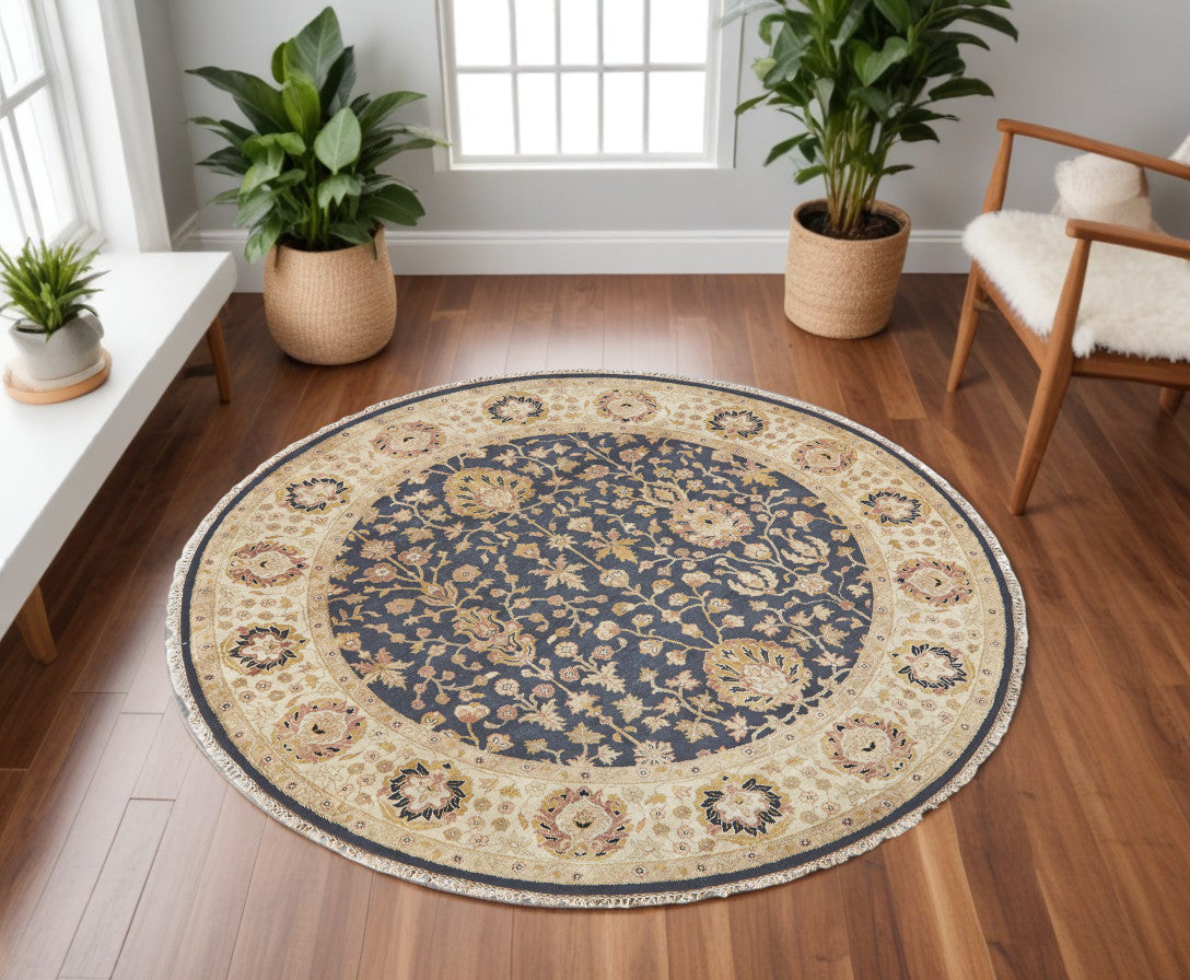 8' Black, Brown & Gold Wool Oriental Hand-Knotted Round Rug