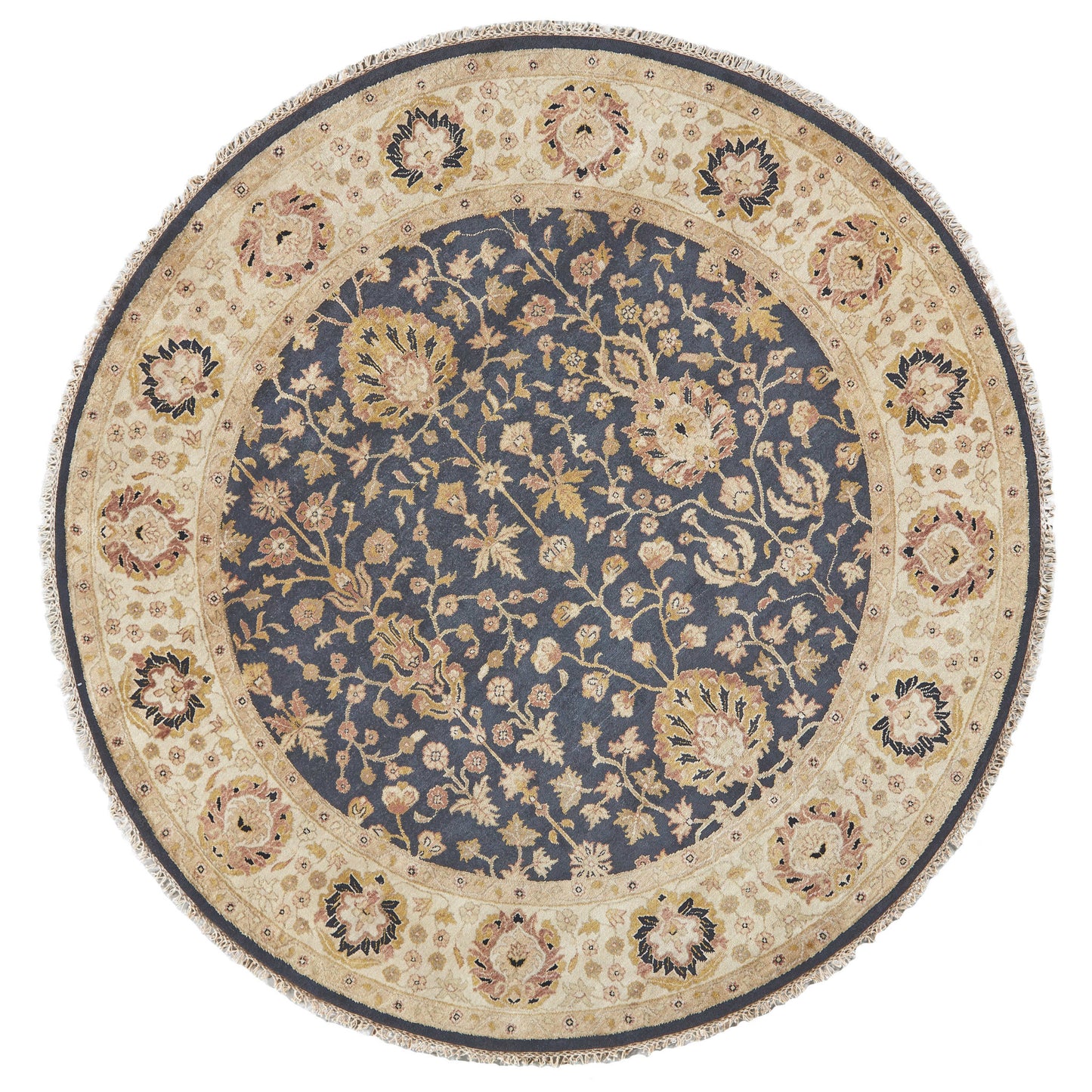 8' Black, Brown & Gold Wool Oriental Hand-Knotted Round Rug